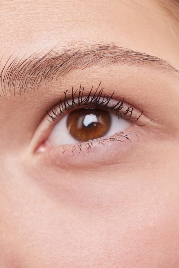 Detailed close-up of a woman's eye showcasing natural makeup and well-groomed eyebrow.